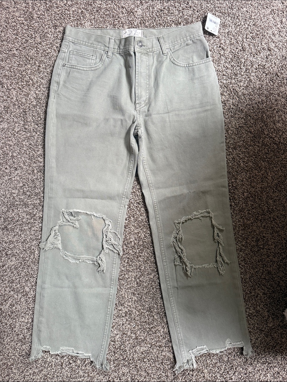 Free People Sage Green Distressed Straight Jeans